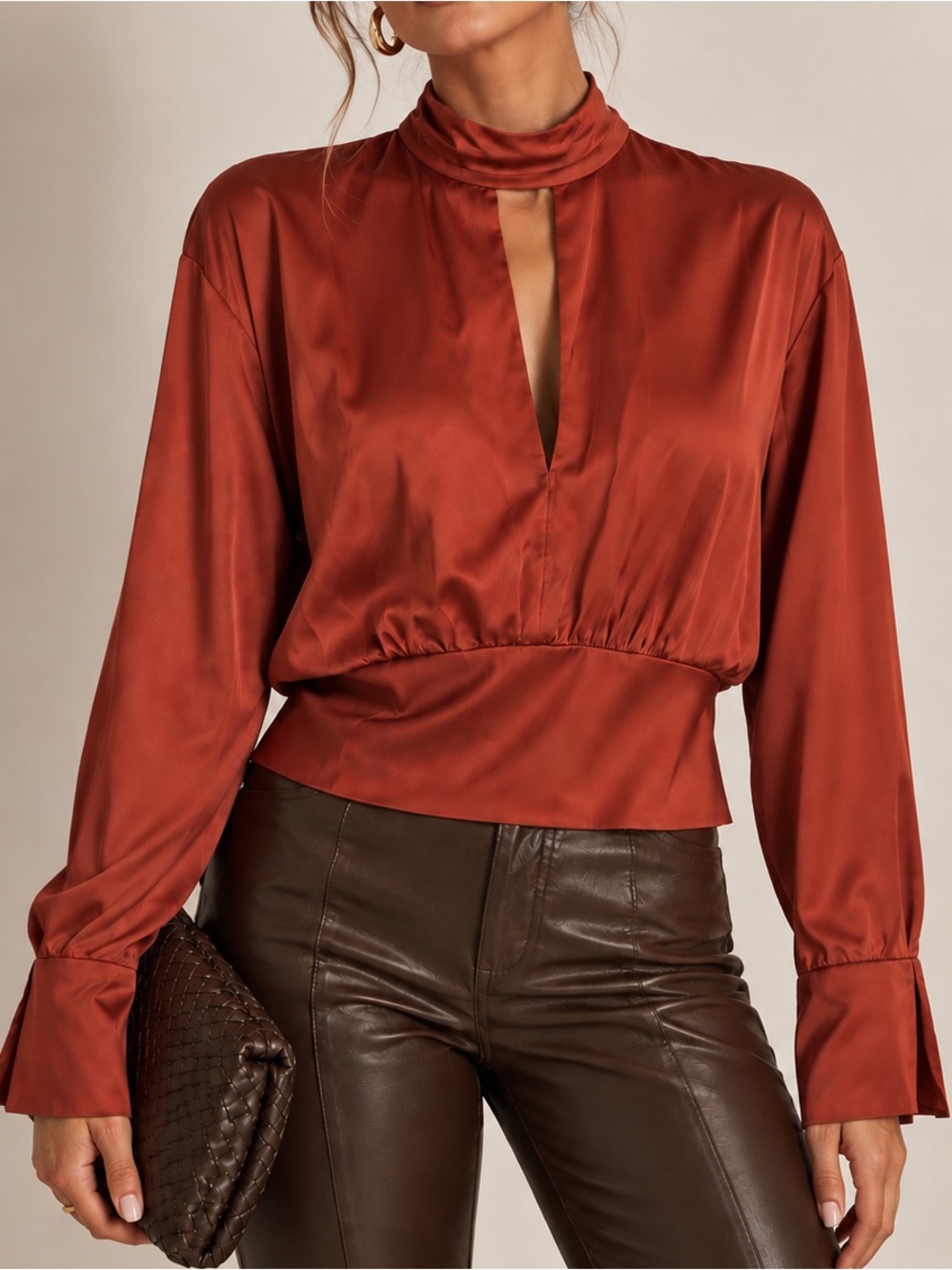 Parker | Piper Satin Keyhole Smocked Waist Blouse Brandy Brown XL NWT